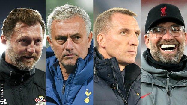 Southampton manager Ralph Hasenhuttl, Tottenham manager Jose Mourinho, Leicester boss Brendan Rodgers and Liverpool's Jurgen Klopp