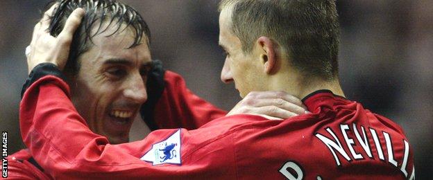 Phil Neville (right) celebrates scoring a goal for Manchester United against Blackburn in 2002 with brother Gary (left)