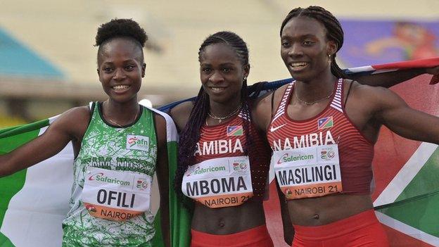 Nigeria's Florence Ofili (Left) and Namibian duo Christine Mboma (Centre) and Beatrice Masilingi (Right)after the women's 200m final at the 2021 U20 World Athletics Championships in Kenya.