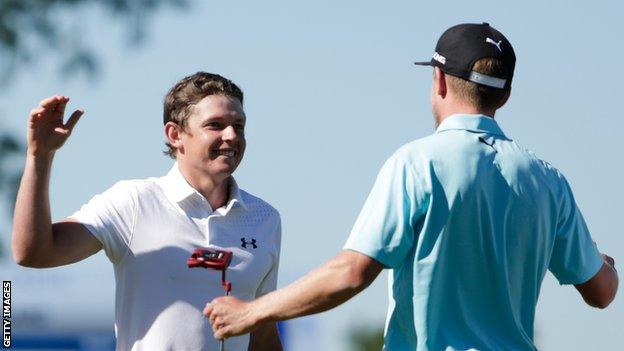 Cameron Smith (left) celebrates with Jonas Blixt