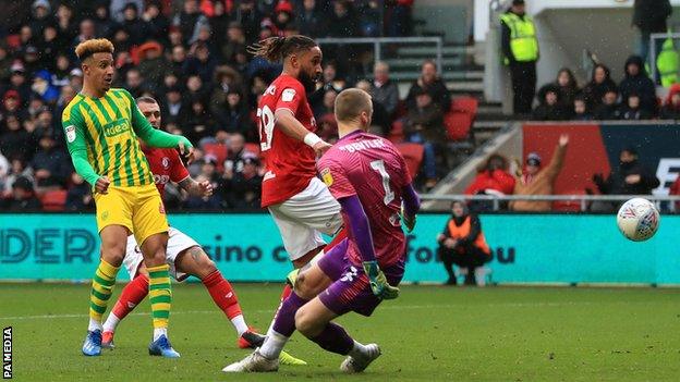 West Brom forward Callum Robinson scores at Bristol City