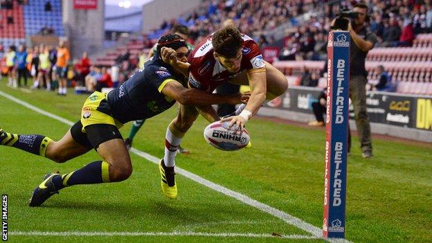 Oliver Gildart scores Wigan's first try