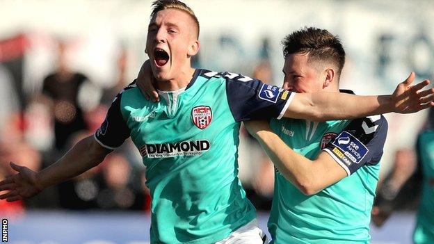 Joy for Ronan Ronan Curtis after he levels for Derry in the FAI Cup semi-final at Oriel Park