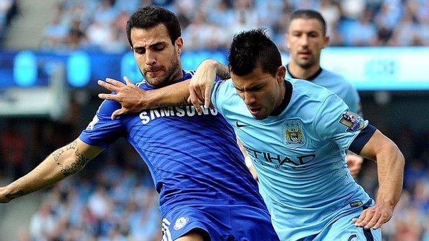 Sergio Aguero grapples with Cesc Fabregas