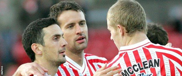 Mark Farren pictured with Ciaran Martyn and James McClean during a Derry City match in 2009