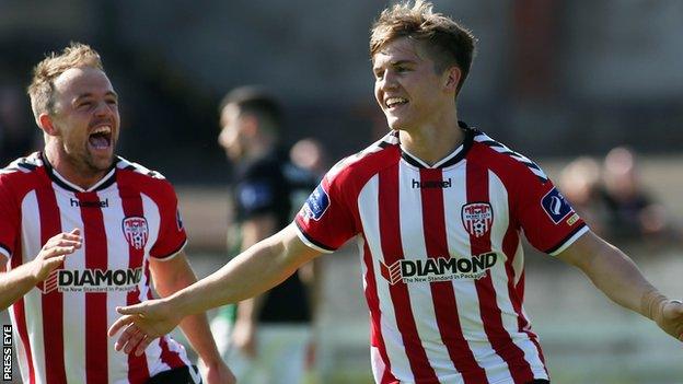 A delighted Josh Daniels celebrates netting Derry's opener against Bray on Sunday