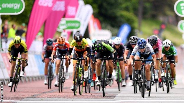 Cyclists in action in the 2018 Women's Tour