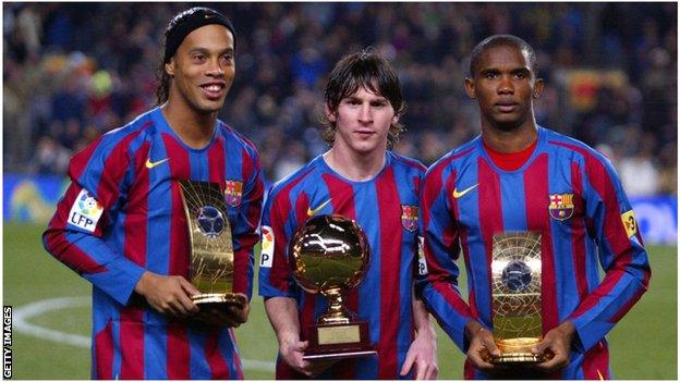 Ronaldinho and Samuel Eto'o hold trophies for Fifa World Player of The Year, whilst Messi holds the Golden Boy trophy - 2005.