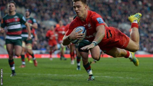 Alex Lewington scores for Saracens at Leicester