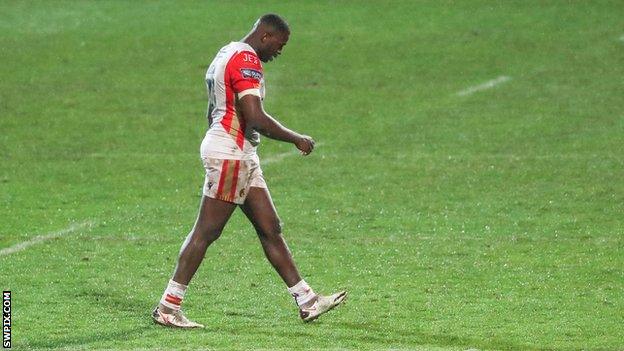 Jordan Dezaria walks off after his red card in Catalans' win over Wigan