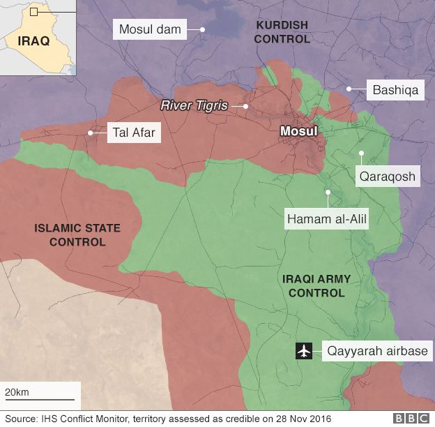 Map showing forces advancing on city of Mosul