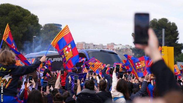 The scene as Barcelona's coach arrived at the Nou Camp