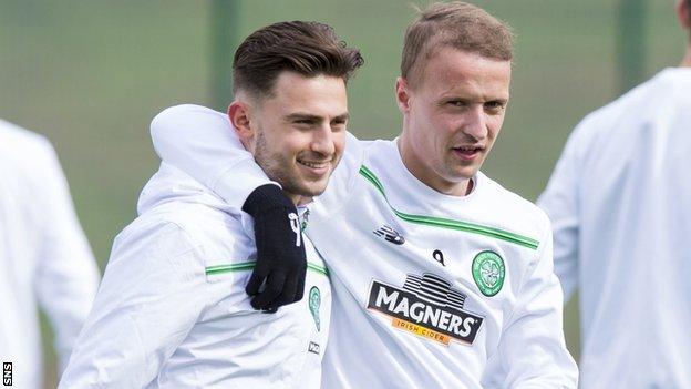 Celtic's Patrick Roberts and Leigh Griffiths share a training-ground joke