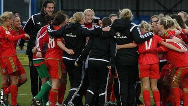 Wales women celebrate their 4-0 win against Kazakhstan