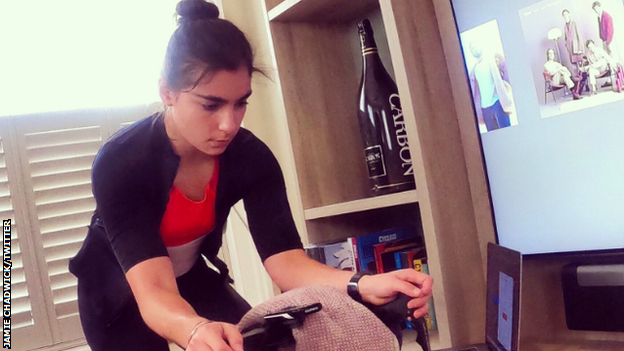 Jamie Chadwick on her exercise bike at home