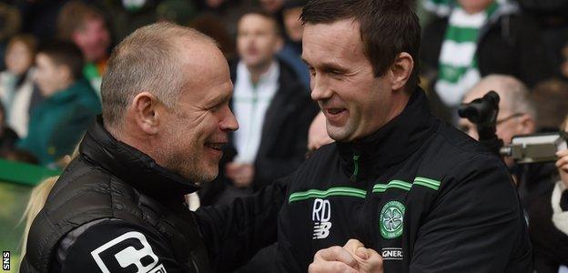 Caley Thistle's John Hughes and Celtic's Ronny Deila embrace