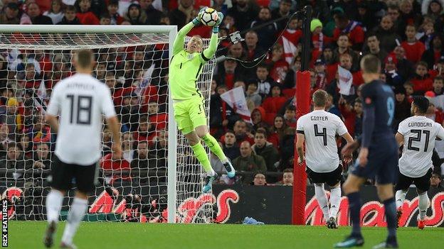 Goalkeeper Jordan Pickford made his England debut in a friendly against Germany at Wembley last November