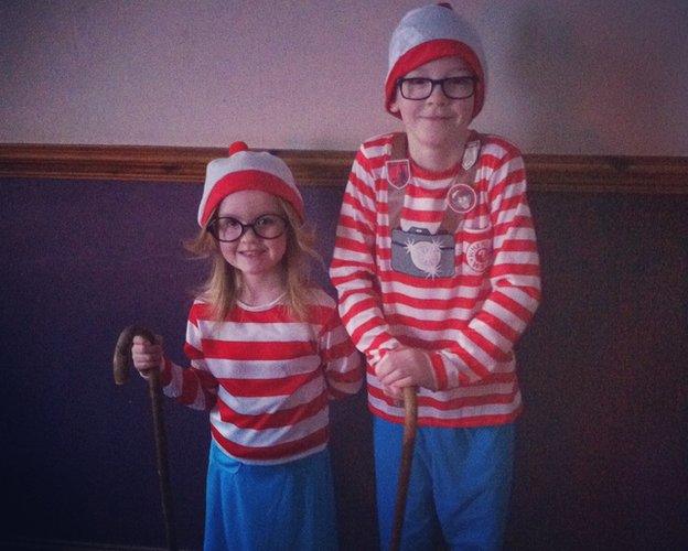 James and Olivia from Preston dressed as Wally and Wenda from 'Where's Wally'