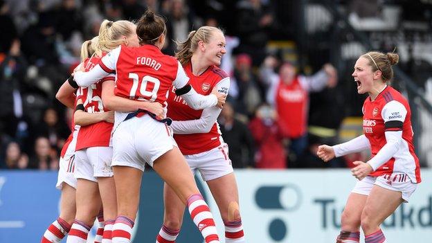 Stina Blackstenius celebrates scoring against Manchester United.