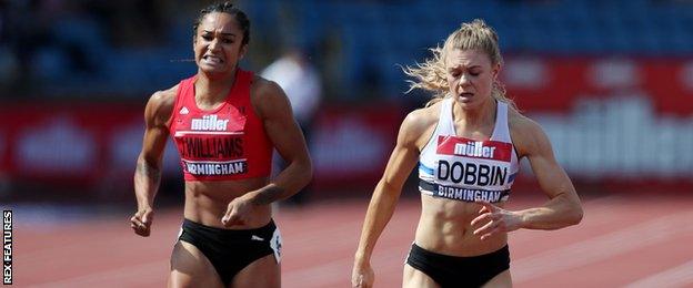 Jodie Williams finishes behind Beth Dobbin at the British Championships in Birmingham