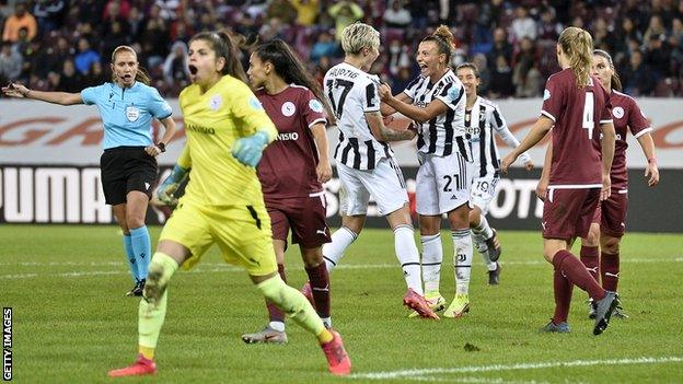 Juventus' Lina Hurtig celebrates scoring for Juventus against Servette