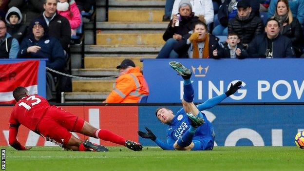 Jamie Vardy goes down in the box