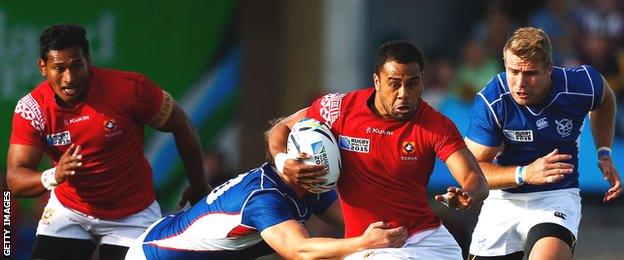 Telusa Veainu makes a break forward during Tonga's World Cup win over Namibia