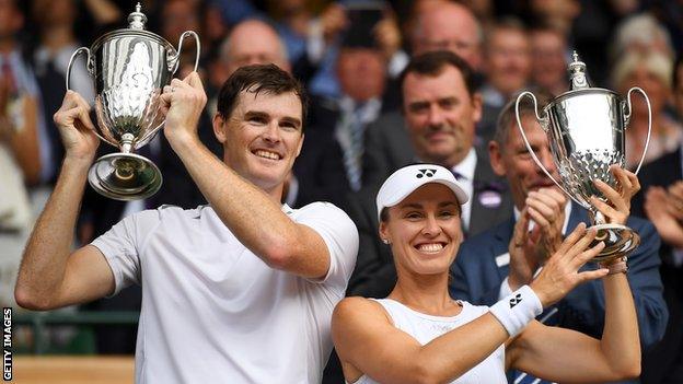 Jamie Murray and Martina Hingis celebrate their Wimbledon title