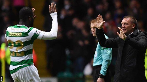 Odsonne Edouard celebrates a goal against Motherwell with manager Brendan Rodgers