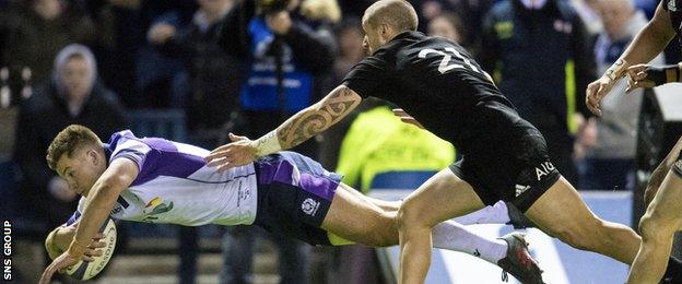 Huw Jones plunges over for Scotland's second try at Murrayfield