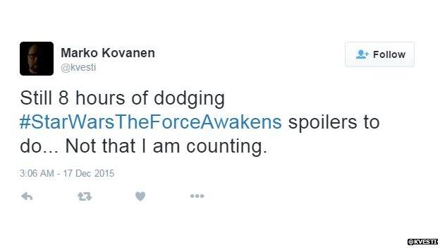 @kvesti: Still 8 hours of dodging #StarWarsTheForceAwakens spoilers to do... Not that I am counting.