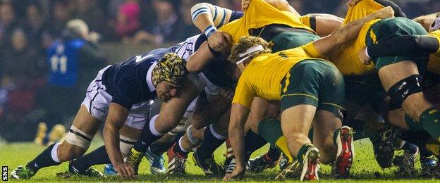 A scrum in the match between Scotland and Australia in 2015