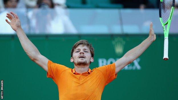 David Goffin celebrates his win against Novak Djokovic