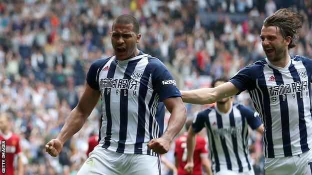 Salomon Rondon celebrates scoring for West Brom against Liverpool