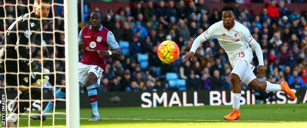 Daniel Sturridge (right) scores for Liverpool at Aston Villa