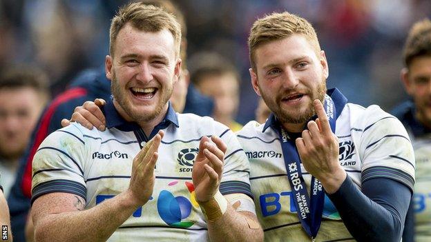 Stuart Hogg and Finn Russell celebrate a Scotland victory