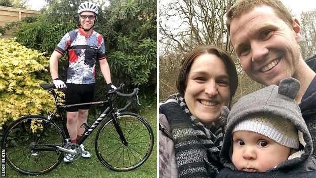 Luke Elkin ready for a ride (left) and with his family (right)