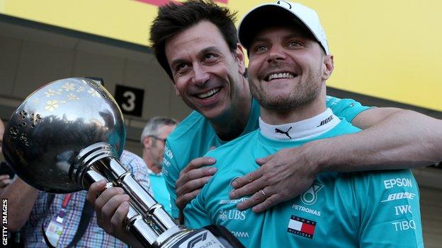 Bottas celebrates with boss Toto Wolff