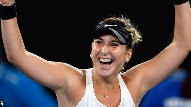 Belinda Bencic celebrates knocking out Venus Williams at the Australian Open