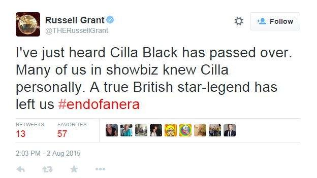 Russell Grant Twitter tribute to Cilla Black