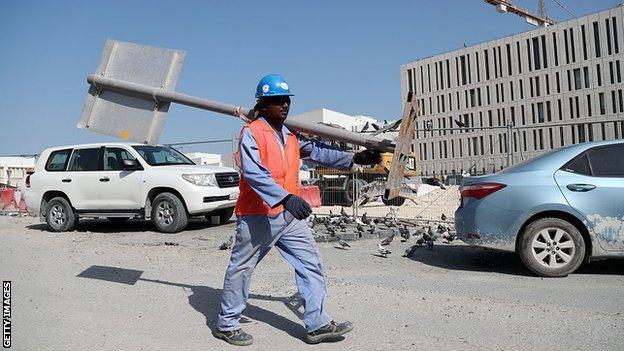 A migrant worker walks through a construction site in Doha, Qatar, where human rights have been under scrutiny