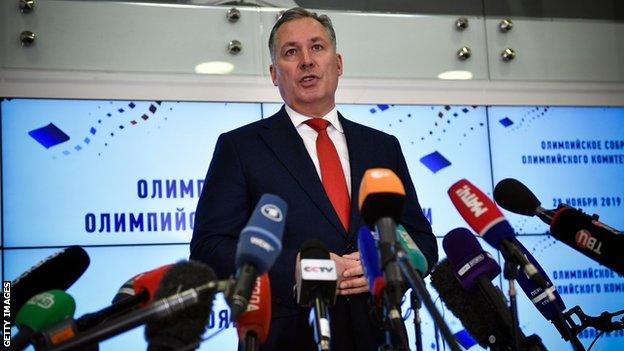 Russian Olympic Committee president Stanislav Pozdnyakov speaks to reporters in Moscow