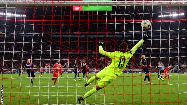 Leroy Sane scores for Bayern Munich against Viktoria Plzen