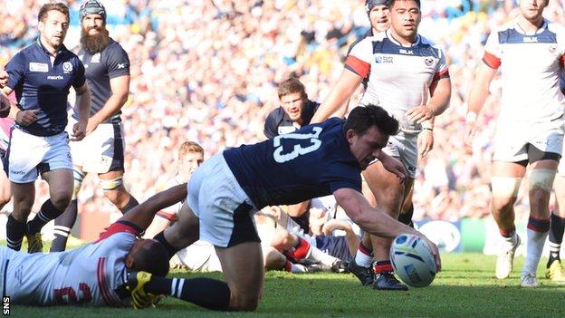 Matt Scott scores a try for Scotland against USA