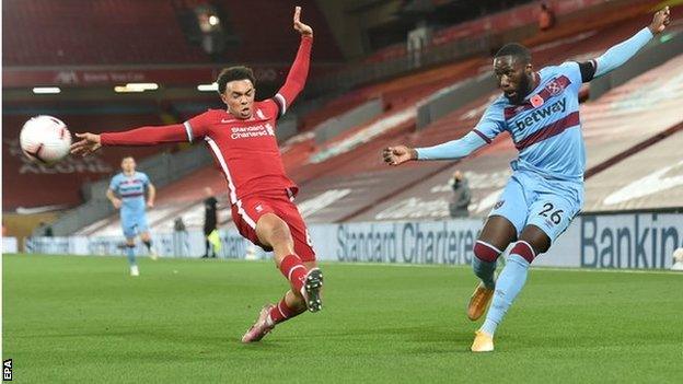 Arthur Masuaku in action for West Ham United against Liverpool at Anfield in the Premier League