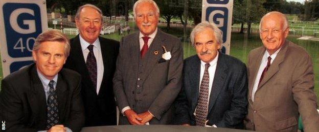 Grandstand presenters Steve Rider, David Coleman, Peter Dimmock, Desmond Lynam and Frank Bough