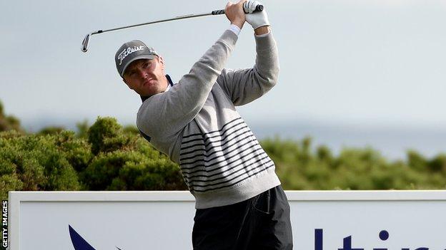 Michael Hoey plays his tee shot at the third hole at Murcar Links on Thursday