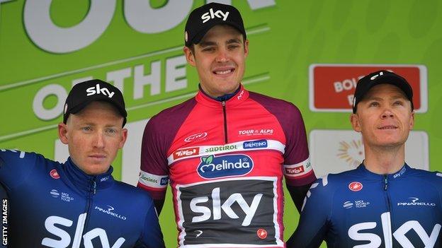 Tao Geoghegan Hart (left), Pavel Sivakov (centre) and Chris Froome (right) celebrate on the podium after the 2019 Tour of the Alps