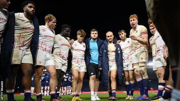 Lewis Chessum (second right) talks to his team after England beat Scotland in the Under-20 Six Nations