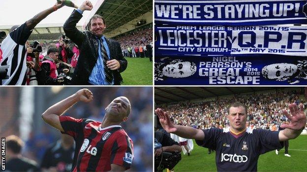 Top left: Bryan Robson, Top right: Leicester scarves, Bottom left: Fulham celebrate Premier League survival, bottom right: Paul Jewell